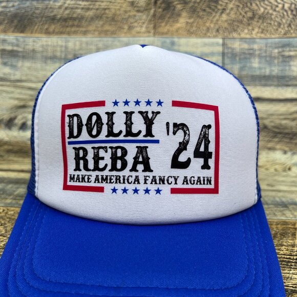 Dolly Reba 2024 Unisex Trucker Hat Blue Make America Fancy Country Music Cap - Picture 3 of 7